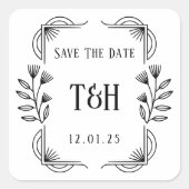 カスタム Chic アートデコ ボタニカル フレーム Save The Date スクエアシール (正面)