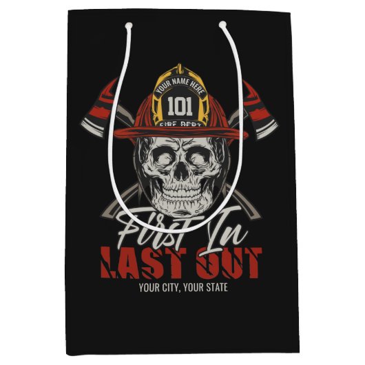 カスタム NAME 消防士 ファーストイン ラストアウト 消防士 ミディアムペーパーバッグ (正面)