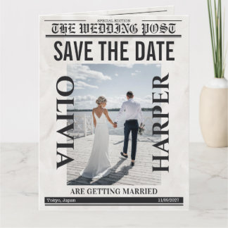 カスタム「Save the Date」ビンテージ結婚式新聞 カード