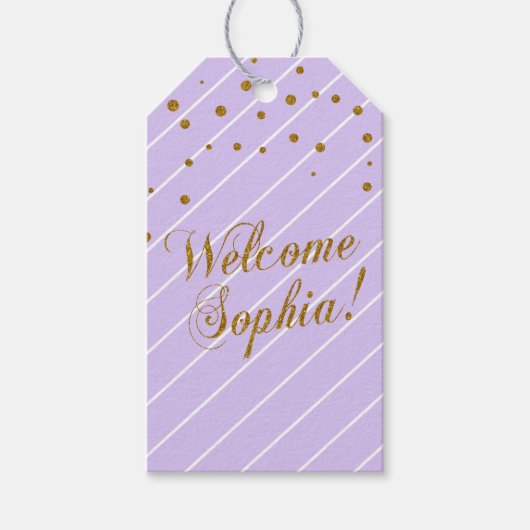 カスタム- Sweet Baby Girl Lavender & 金ゴールド紙吹雪 ギフトタグ (正面)