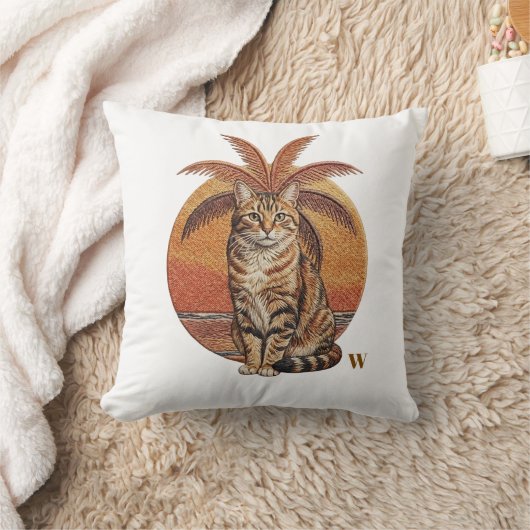 カスタム "W" 刺繍 猫とヤシの木の夕焼け クッション (ブランケット)