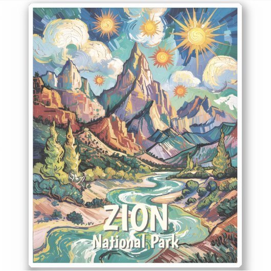 カスタム Zion 山と川 ヴァンゴッホ風カラフルデザイン シール (正面)
