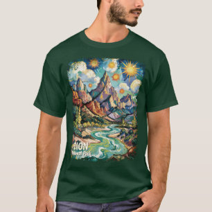カスタム Zion 山と川 ヴァン・ゴッホ風カラフルデザイン Tシャツ