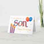 カスタムAge Sonの誕生日贈り物と風船カード シーズンカード<br><div class="desc">このシカスタマイズックな「ワードアート」バースデーカードは、ほとんどどの年齢の息子にも使えます。表紙の挨拶は「すごい息子ハッピーバースデーへ！」 「息子」という文字は、ゴルフ効果の手話の台本の中に、明る違うい色の文様とレタリングの残りの部分を詰め書たものだ。下の隅には大きパターン（の模様が）あるなロウソクが3つ、右の隅には赤と青のバルーンが1つあり、年齢(図カスタマイズ18)離れを確認できます。 白い背景には小さ点々のあるな金ゴールド効果の星が付いており、内側のメッセージは簡単に変更または削除できることを示すももしのです。</div>