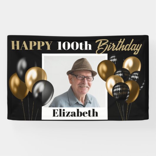 カスタムAny Age金ゴールドフォトパーソナライズされた誕生日 横断幕 (横)