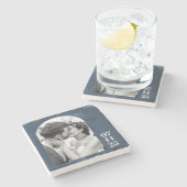 カスタムArch Shapeの結婚写真日付ネイビーブルー ストーンコースター (横)