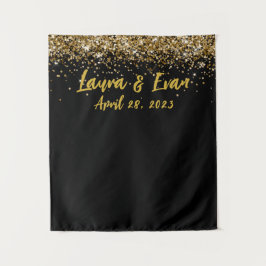 カスタムBackdropの結婚フォトブースブラックと金ゴールド タペストリー