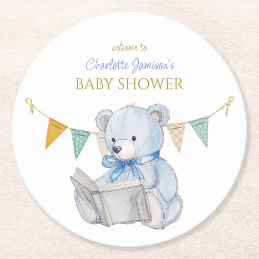 カスタムBearの読本Baby Shower ラウンドペーパーコースター (正面)