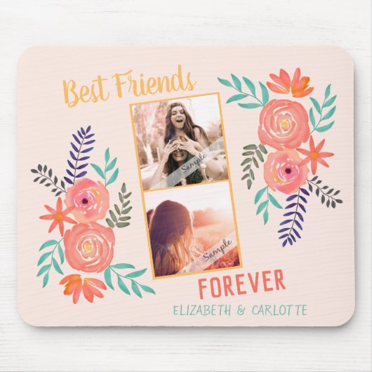 カスタムBFFフォトコーラルピンクウォーターカラーフラワー  マウスパッド (正面)