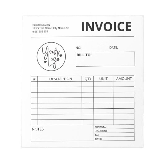 カスタムBusiness Invoice Order型枠ロゴ ノートパッド (正面)