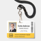 カスタムBusiness Logoバーコード従業員フォトイエロー バッジ (正面(ネックストラップ付))