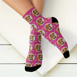 カスタムDog Photo Magenta Pink Paw Print ソックス