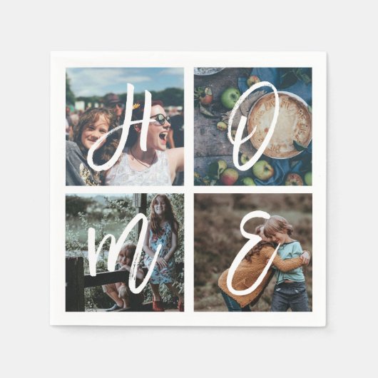 カスタムFamily Photo Collage Brush Script HOME スタンダードカクテルナプキン (正面)