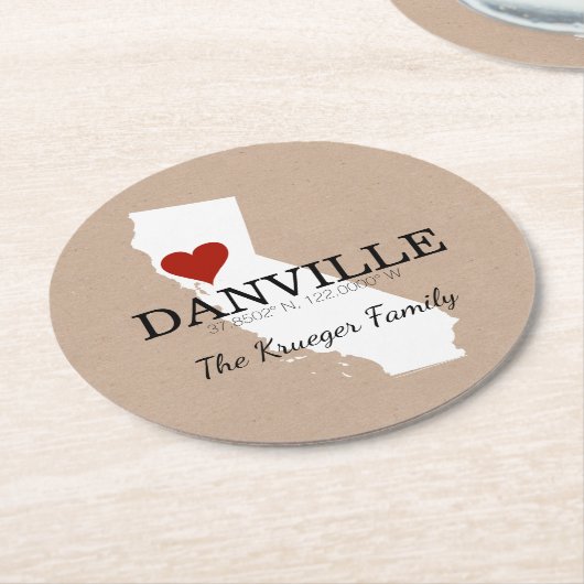 カスタムGPSの座標カリフォルニアのハートの紙のコースター ラウンドペーパーコースター (アングル)