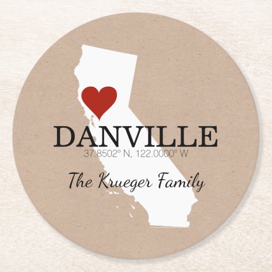 カスタムGPSの座標カリフォルニアのハートの紙のコースター ラウンドペーパーコースター (正面)