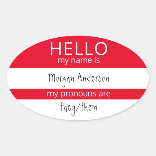 カスタムHELLO私の名前代名詞はバッジ 楕円形シール (正面)