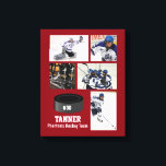 カスタムHockey Photo Collage Teamテキスト名 キャンバスプリント<br><div class="desc">このホッケーコラージュは、5枚の写真とプレイヤーの名前またはチーム名を特徴とし、番号も追加する。チームの色に合わせて背景色を変更する。シーズ素晴らしンと祝あなたの選手の懸命作業に行く方法。思いやりあるコーチの贈り物も。Colorfulgalshopのロゴの他のホッケークリックのテーマのギフトをチェック。</div>