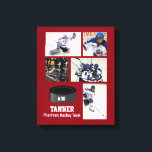カスタムHockey Photo Collage Teamテキスト名 キャンバスプリント<br><div class="desc">このホッケーコラージュは、5枚の写真とプレイヤーの名前またはチーム名を特徴とし、番号も追加する。チームの色に合わせて背景色を変更する。シーズ素晴らしンと祝あなたの選手の懸命作業に行く方法。思いやりあるコーチの贈り物も。Colorfulgalshopのロゴの他のホッケークリックのテーマのギフトをチェック。</div>