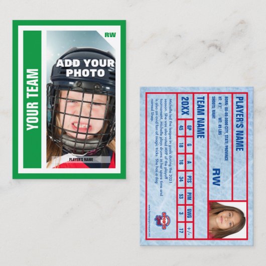 カスタムHockey Trading Card (Green)統計の追加 コーリングカード (正面/裏面)