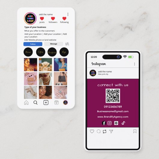 カスタムInstagram名刺 | ソーシャルメディアQR 名刺 (正面/裏面)