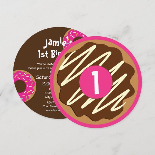 カスタムkid's cute sweet round donut誕生日パーティー 招待状 (正面/裏面)