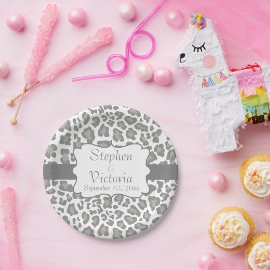 カスタムLeopardプリントホワイトおよびグレー紙プレート ペーパープレート (パーティー)