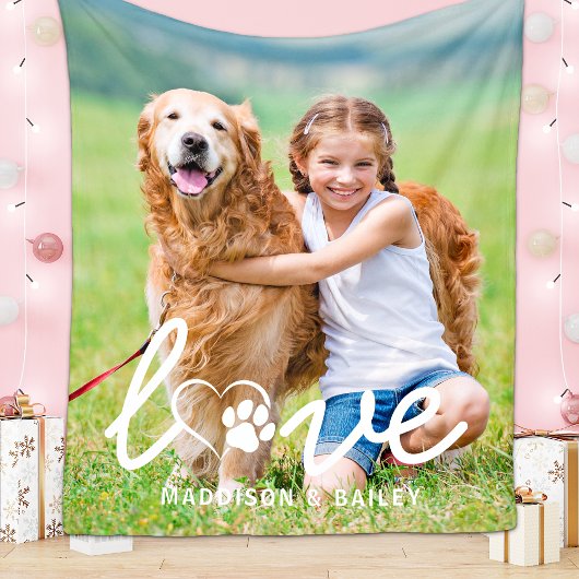 カスタムLOVEモダン Pet Photo Paw Print Dog Lover フリースブランケット