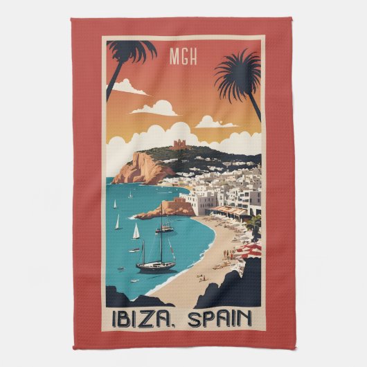 カスタムMonogram Ibiza,スペイン旅行ポスター キッチンタオル (縦)