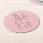 カスタムPalm Tree Monogram日付のロゴを保存 ラウンドペーパーコースター (アングル)