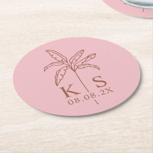 カスタムPalm Tree Monogram日付のロゴを保存 ラウンドペーパーコースター (アングル)