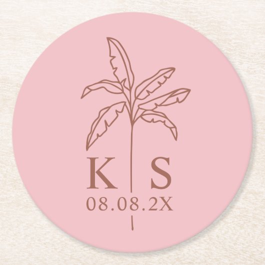 カスタムPalm Tree Monogram日付のロゴを保存 ラウンドペーパーコースター (正面)
