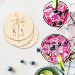 カスタムPalm Tree Monogram日付のロゴを保存 ラウンドペーパーコースター<br><div class="desc">カスタムPalm Tree Monogram Save the Date Logo Round紙コースター</div>