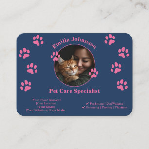 カスタムPet Care Business Card – ネイビーブルー&ピンク 名刺