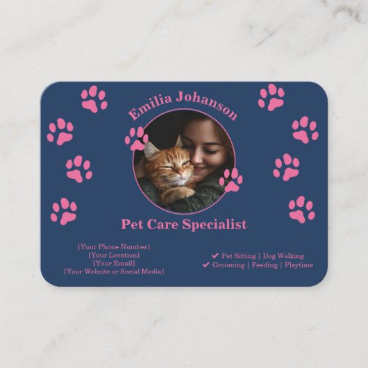 カスタムPet Care Business Card – ネイビーブルー&ピンク 名刺 (正面)