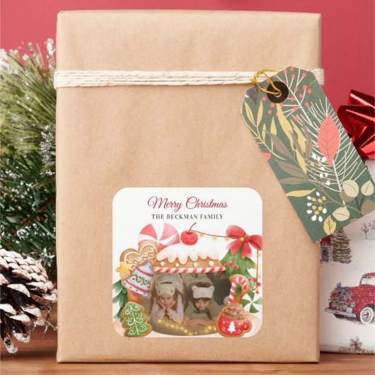 カスタムPhoto Gingerbread Houseクリスマス スクエアシール (クリスマス)