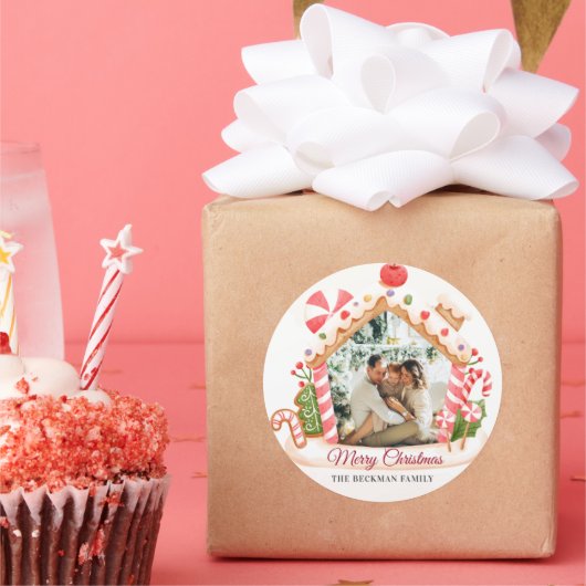 カスタムPhoto Gingerbread Houseクリスマス ラウンドシール (パーティー)