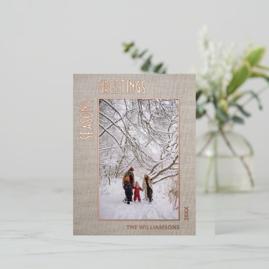 カスタムPhoto On Jute Burlapパタフェイクーンバラ金ゴールド 箔シーズンポストカード (立ち正面)