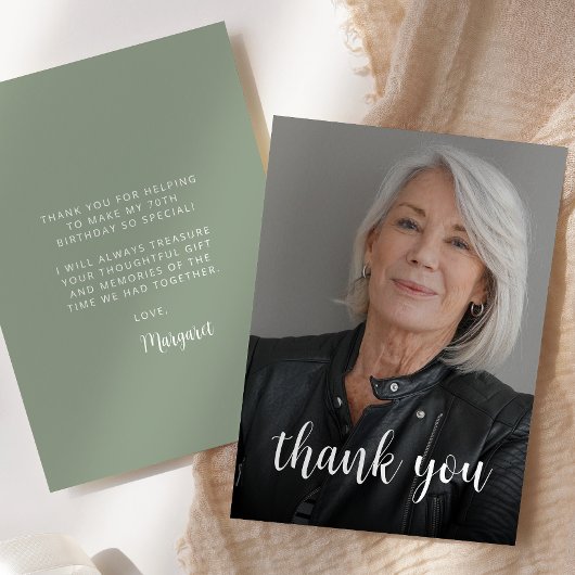カスタムPhoto Sage Green 70th誕生日パーティー サンキューカード