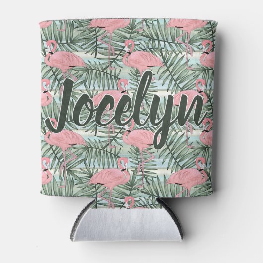 カスタムPink Flamingoes Palm Leafs Pattern C 缶クーラー (正面)
