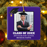 カスタムPurple Senior Graduation Photo 2023 セラミックオーナメント<br><div class="desc">ブラックカスタムグラッドキャップの下に卒業写真を飾った紫色のシニア卒業生のクリスマスオーナメント。卒業生への贈り物としてクラスの年、学校、素晴らし名前でパーソナライズ。</div>
