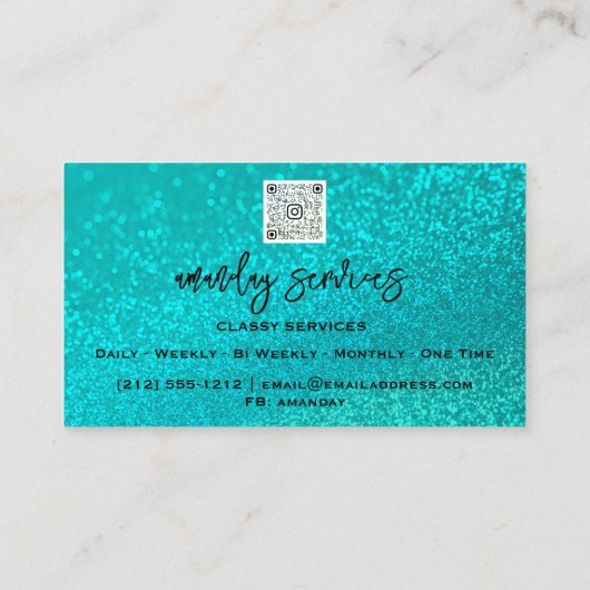 カスタムQrコードロゴソーシャルメディアグリッターティール(緑がかった色) 名刺 (裏面)