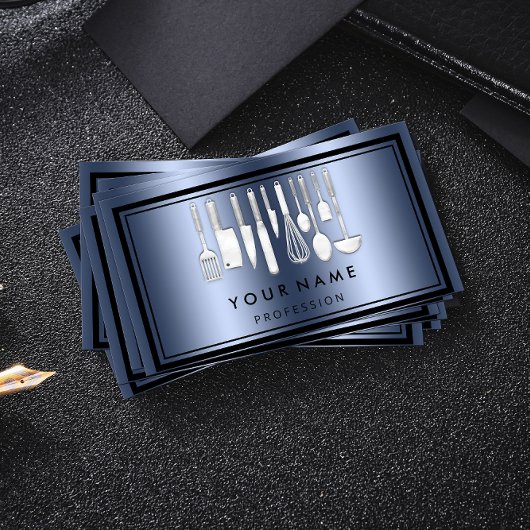 カスタムQRコードロゴレストラン料理シェフブルー 名刺