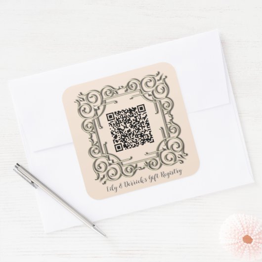 カスタムQRコード華美フレーム結婚のギフトレジストリ スクエアシール (封筒)