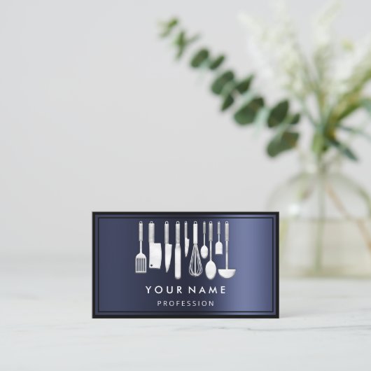 カスタムQR CODEロゴレストラン料理シェフ海軍 名刺 (スタンド正面)