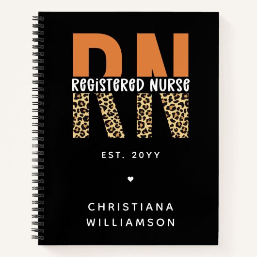 カスタムRN登録ナースレオパードタイポグラフィ ノートブック (正面)