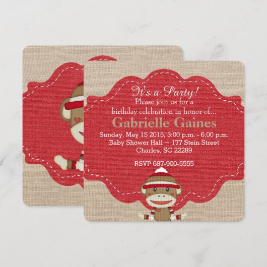 カスタムSock Monkey Birthday Party招待 招待状 (正面/裏面)