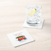 カスタムVintage Christmas Napkins – レッドカー&ツリー スクエアペーパーコースター (インサイチュ)