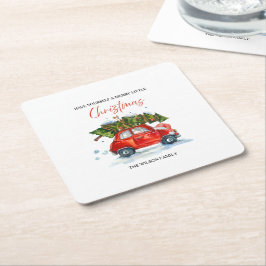 カスタムVintage Christmas Napkins – レッドカー&ツリー スクエアペーパーコースター