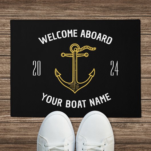 カスタムWelcome Aboard Boat Nameブラック&金ゴールド ドアマット