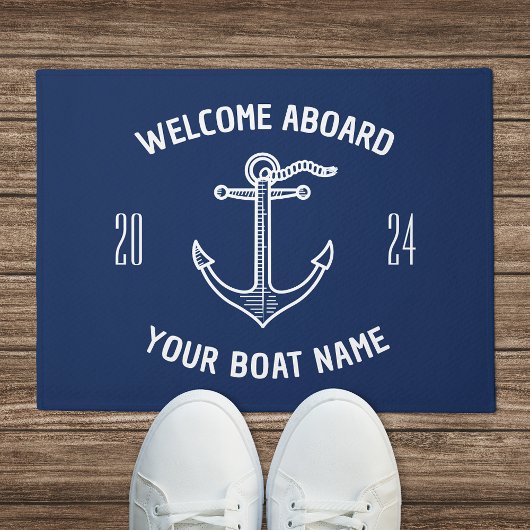 カスタムWelcome Aboard Boat Name Navy Blue ドアマット